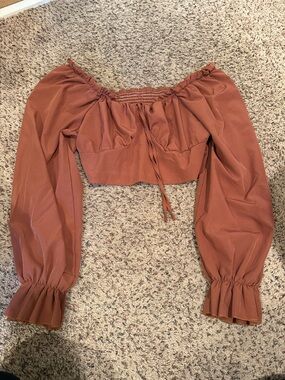 Off-Shoulder Long Sleeve Crop Top in Rust